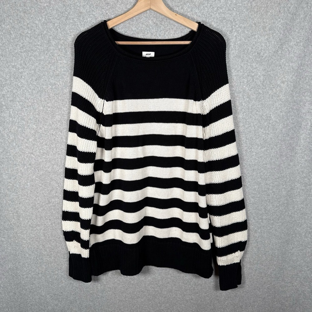 Aerie Sweater Womens Small Black White Stripe Cotton Knit Pullover